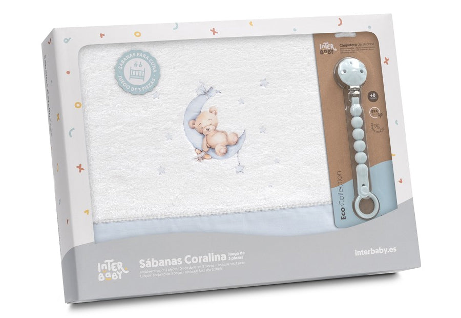 INTERBABY Sábana Coralina+Chupetero Oso Luna blanco/azul - Cuna