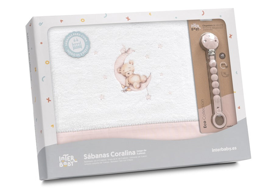 INTERBABY Sábana Coralina+Chupetero Oso Luna blanco/rosa - Cuna