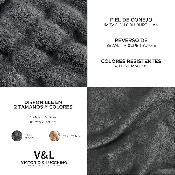 Manta Plaid Victorio & Lucchino Piel De Conejo Imitación con Reverso Sedalina - Manta Suave color GRIS para el Sofá o para Cama