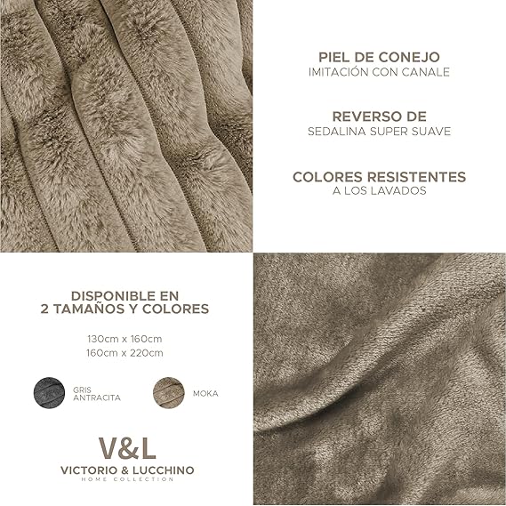 Manta Plaid Victorio & Lucchino Imitación Piel De Conejo Canalé con Reverso Sedalina color moka