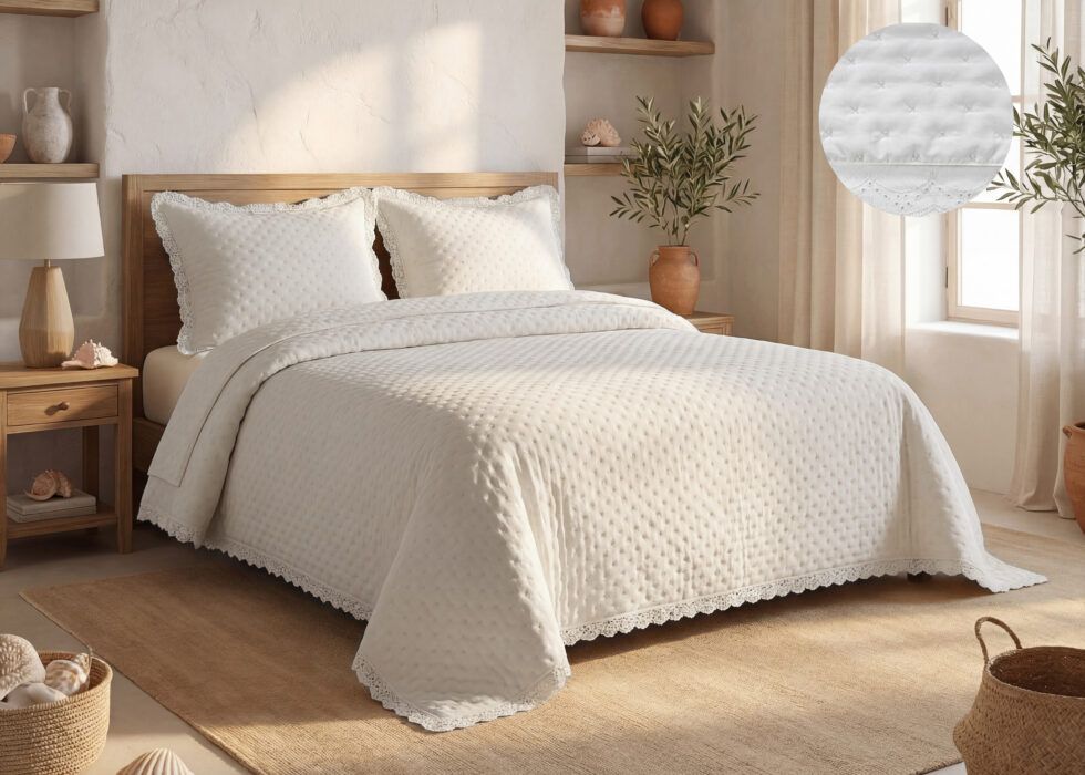 Colcha blanca con volantes modelo Aurora de Ankeli