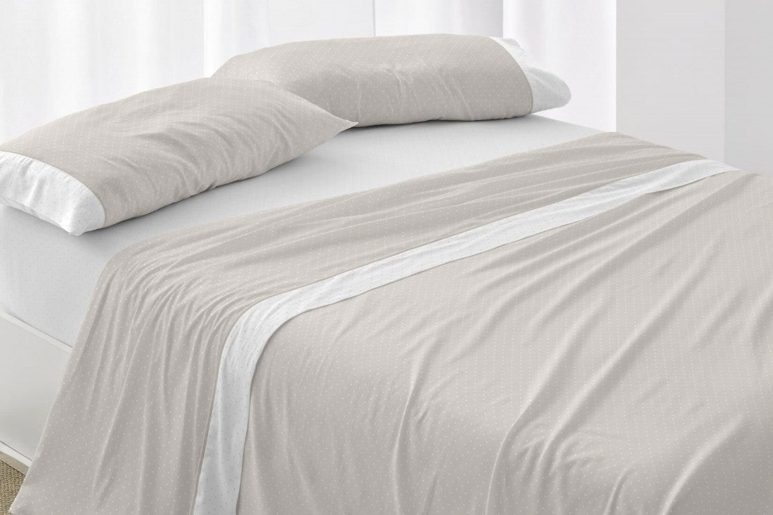 Juego de sábanas con topitos Burrito Blanco diseño 238 en color gris, beige, azul, coral y verde