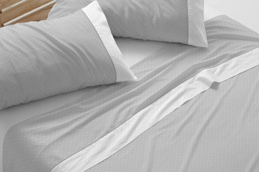 Juego de sábanas con topitos Burrito Blanco diseño 238 en color gris, beige, azul, coral y verde
