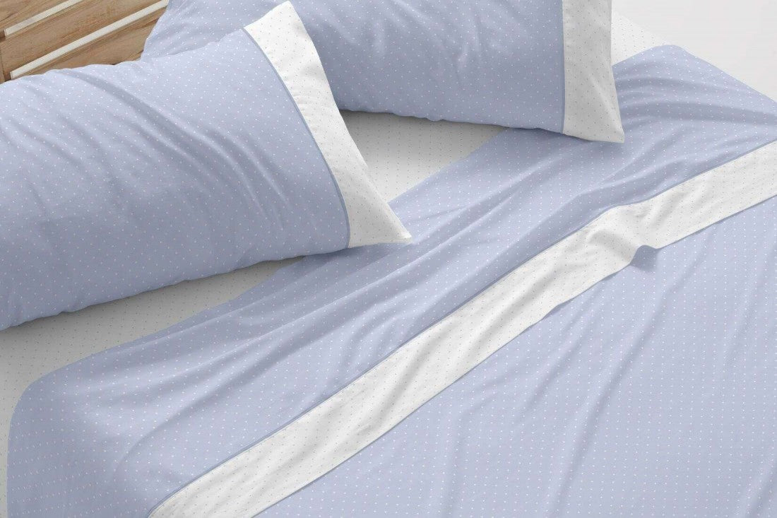 Juego de sábanas con topitos Burrito Blanco diseño 238 en color gris, beige, azul, coral y verde