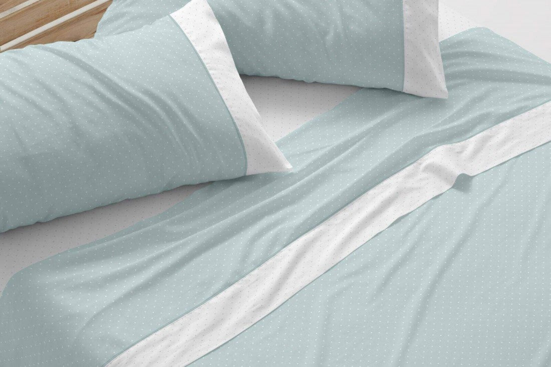 Juego de sábanas con topitos Burrito Blanco diseño 238 en color gris, beige, azul, coral y verde
