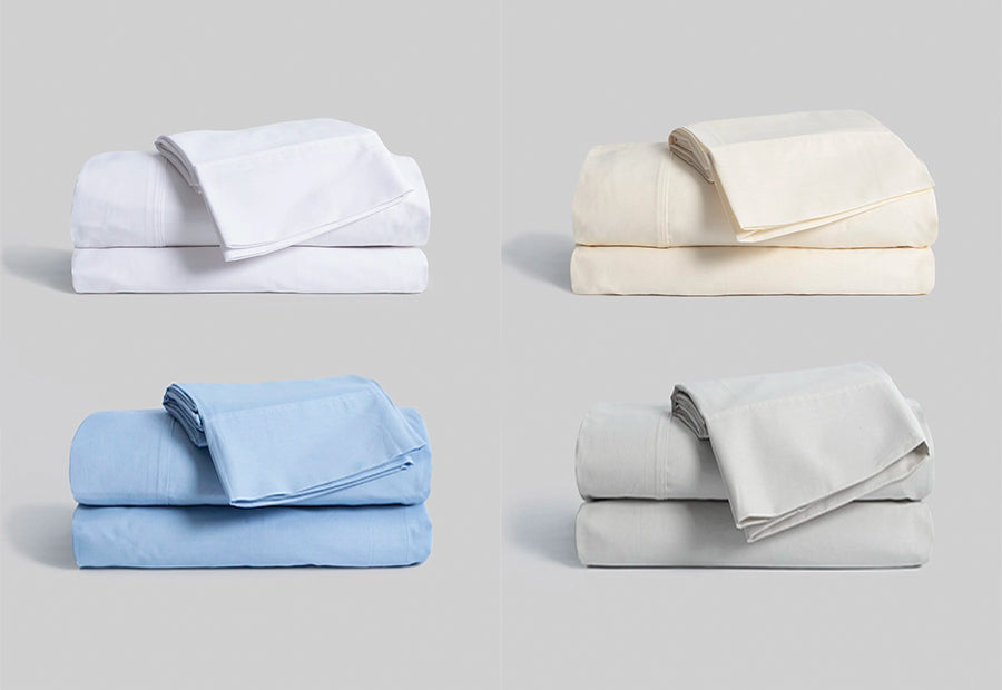 Draps unis 100% coton KARAMELO VIP COTTON / Blanc, beige, gris et bleu