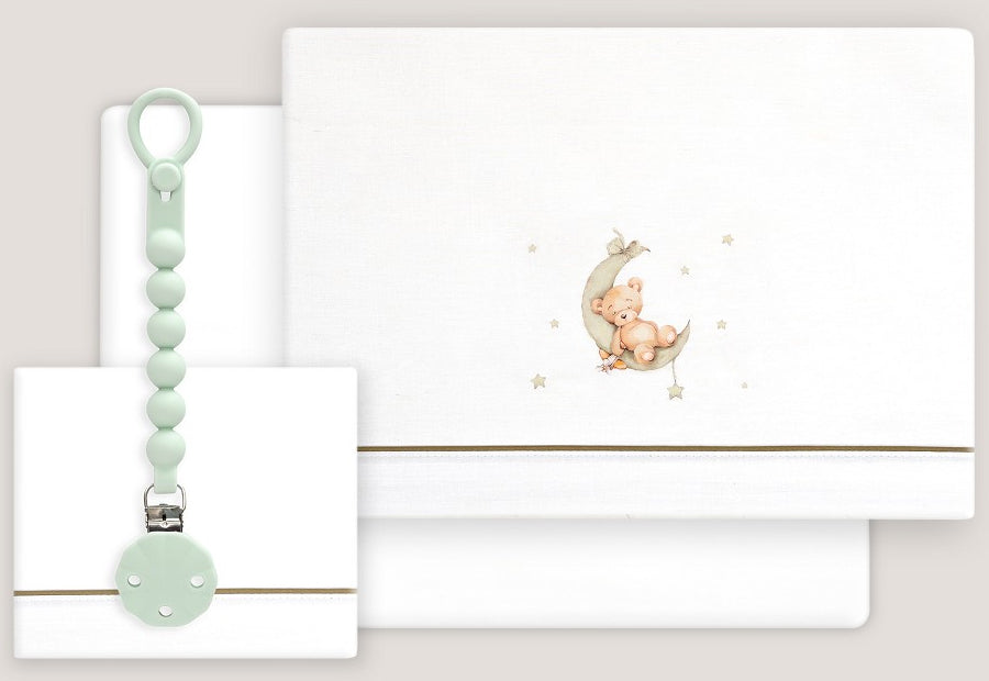 INTERBABY - Sábana Algodón+Chupetero Oso-Luna 03331-13 verde Cuna