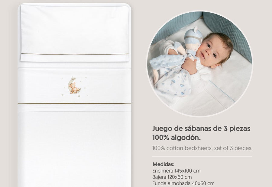 INTERBABY - Sábana Algodón+Chupetero Oso-Luna 03331-13 verde Cuna