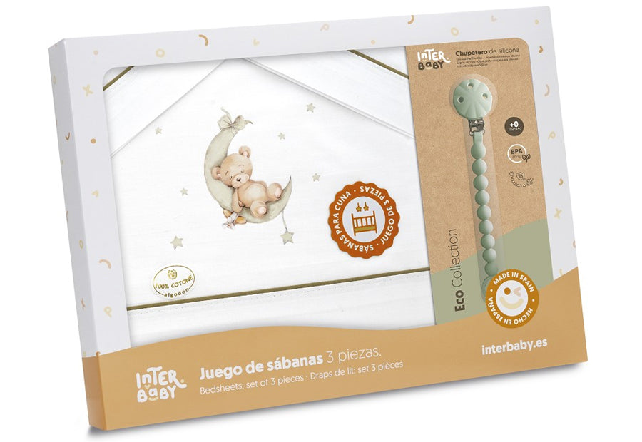 INTERBABY - Sábana Algodón+Chupetero Oso-Luna 03331-13 verde Cuna