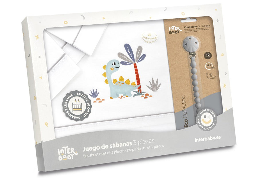 INTERBABY - Sábana Algodón+Chupetero Dinosaurio 3332-18 gris Cuna