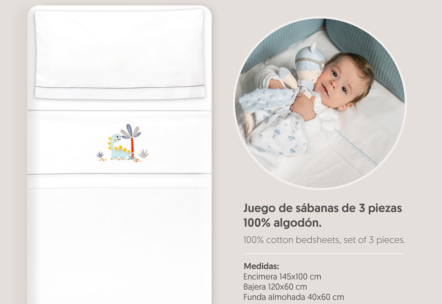 INTERBABY - Sábana Algodón+Chupetero Dinosaurio 3332-18 gris Cuna