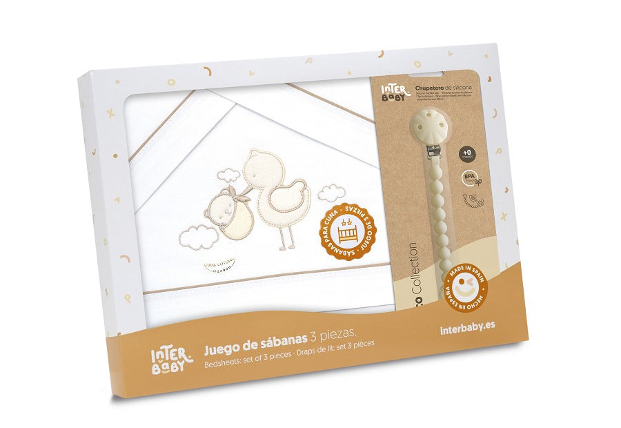 INTERBABY - Sábana Algodón+Chupetero Cigüeña-Oso 03338-15 Cuna