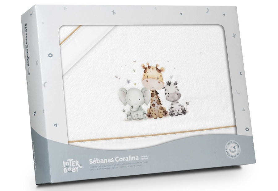 INTERBABY - Sábana Coralina Jirafa Elefante blanco/beige - Cuna