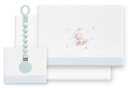 INTERBABY Sábana Coralina+Chupetero Oso Luna blanco/azul - Cuna