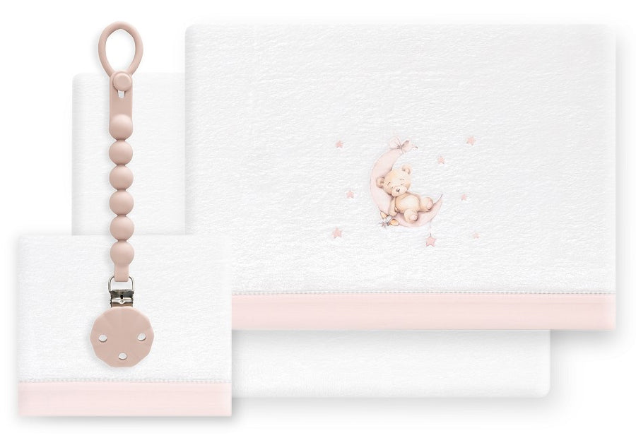 INTERBABY Sábana Coralina+Chupetero Oso Luna blanco/rosa - Cuna