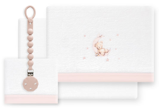 INTERBABY Sábana Coralina+Chupetero Oso Luna blanco/rosa - Cuna