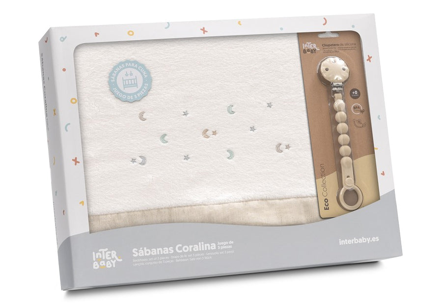 INTERBABY Sábana Coralina+Chupetero Estrella Luna blanco/beige -Cuna
