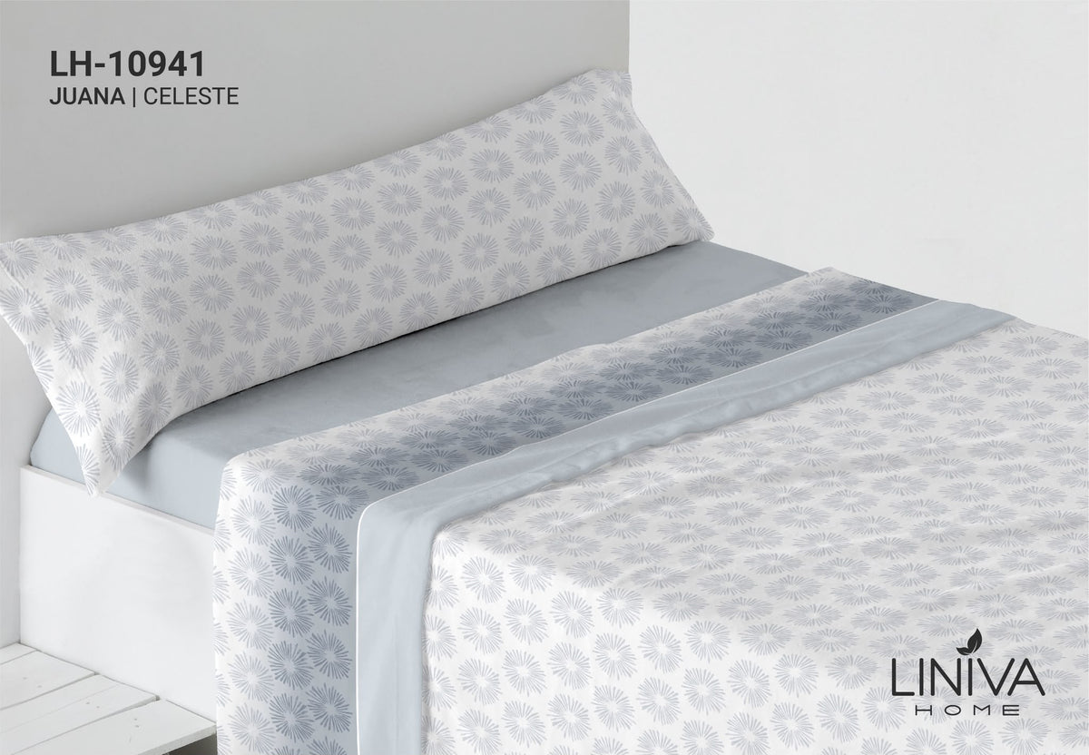 Juego de Sábanas Coralina Estampada color celeste Modelo Juana Liniva Home 180 gr