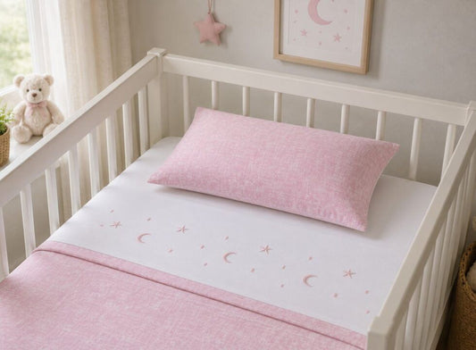 Sábana cuna franela 100% Algodón modelo Luna marca Ankeli color blanco/rosa
