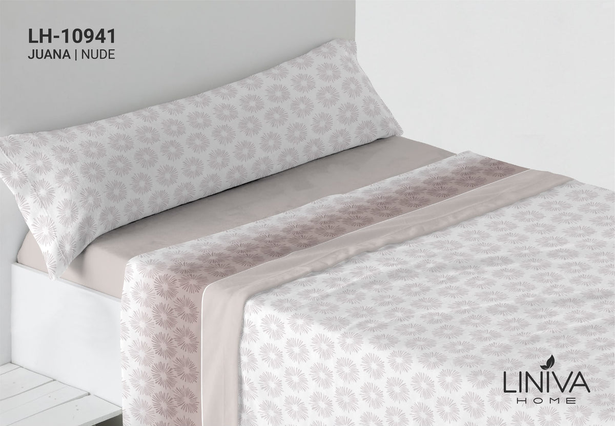 Juego de Sábanas Coralina Estampada color nude Modelo Juana Liniva Home 180 gr