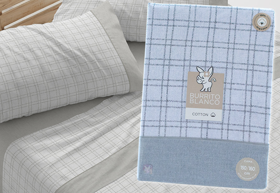 Juego Sábanas Estampada BURRITO BLANCO ALGODÓN Cuadros 635-05  gris