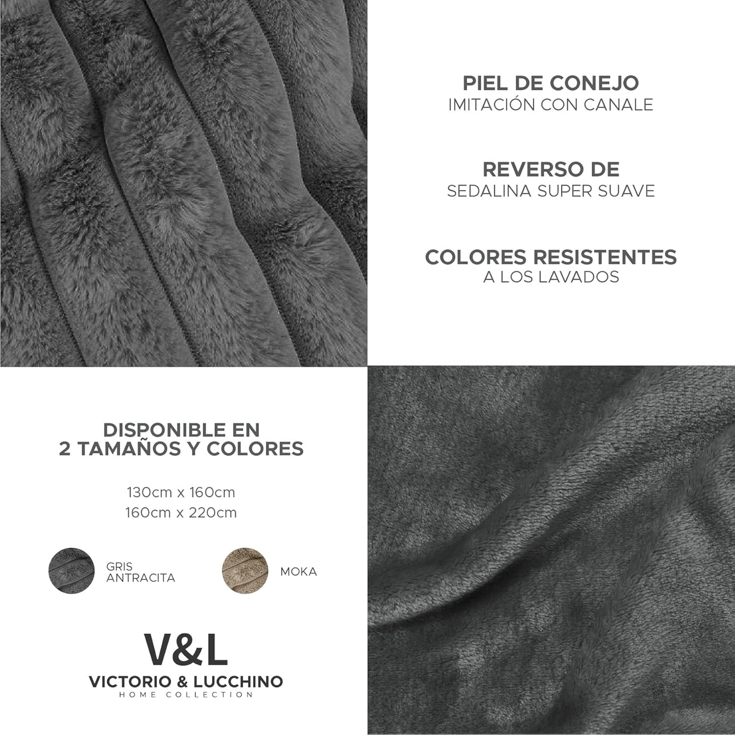 Manta Plaid Victorio & Lucchino Imitación Piel De Conejo Canalé con Reverso Sedalina color gris