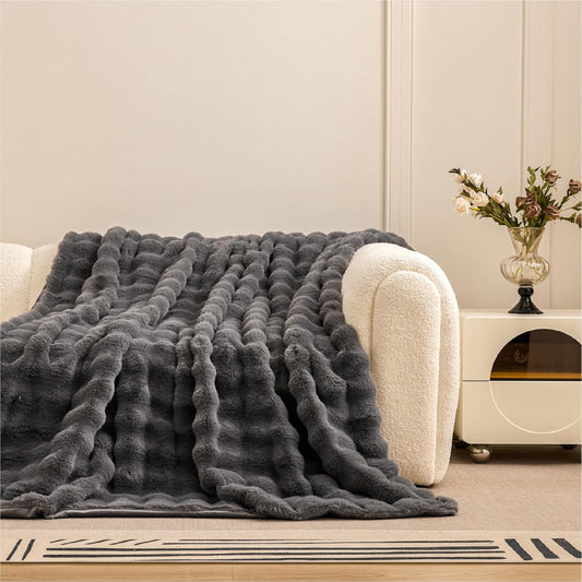 Manta Plaid Victorio & Lucchino Piel De Conejo Imitación con Reverso Sedalina - Manta Suave color GRIS para el Sofá o para Cama