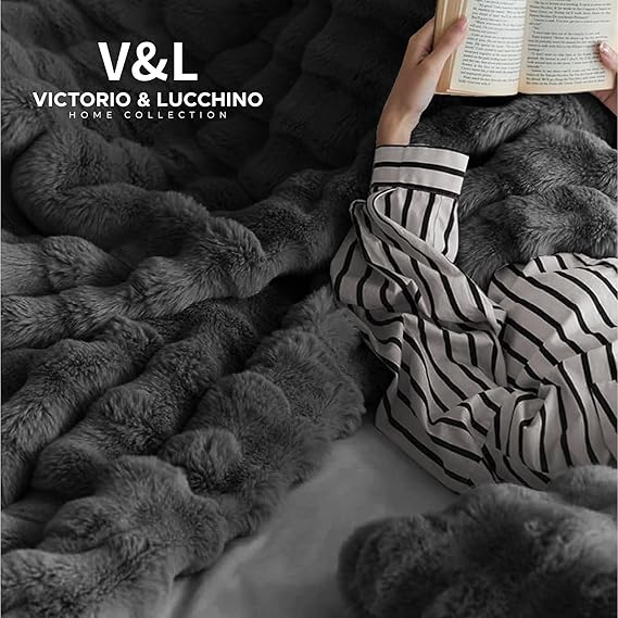 Manta Plaid Victorio & Lucchino Piel De Conejo Imitación con Reverso Sedalina - Manta Suave color GRIS para el Sofá o para Cama