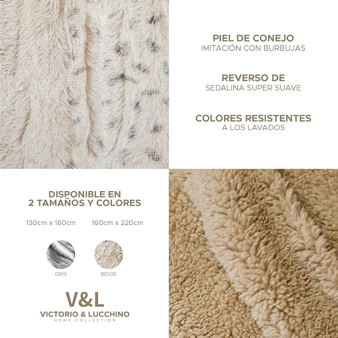 Manta Plaid Victorio & Lucchino Imitación Piel De Conejo  con Reverso sherpa color beige (VL80518)