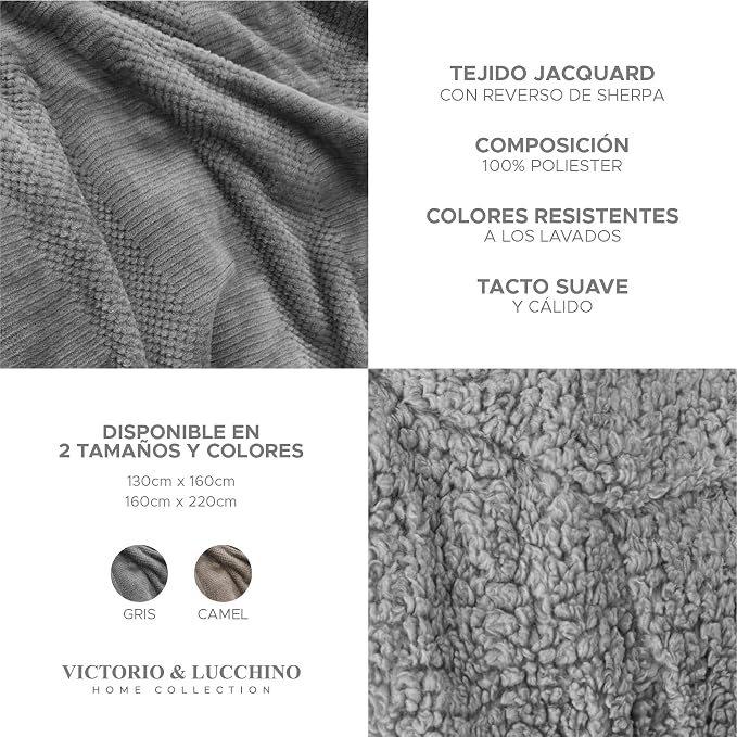 Manta Plaid Victorio & Lucchino Nacarina Jacquard con Reverso sherpa color gris (VL80520)