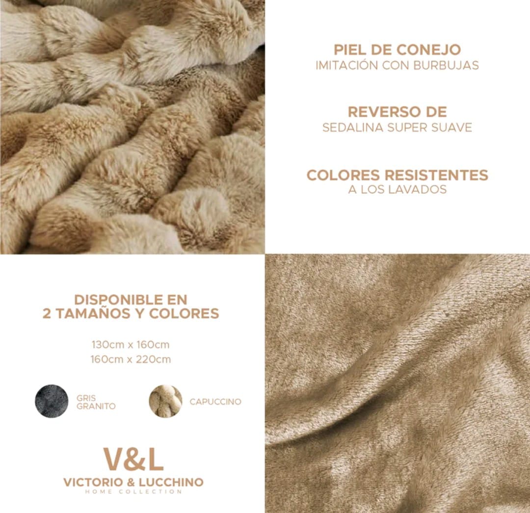 Manta Plaid Victorio & Lucchino Piel De Conejo Imitación con Reverso Sedalina - Manta Suave color Capuchino para el Sofá o para Cama
