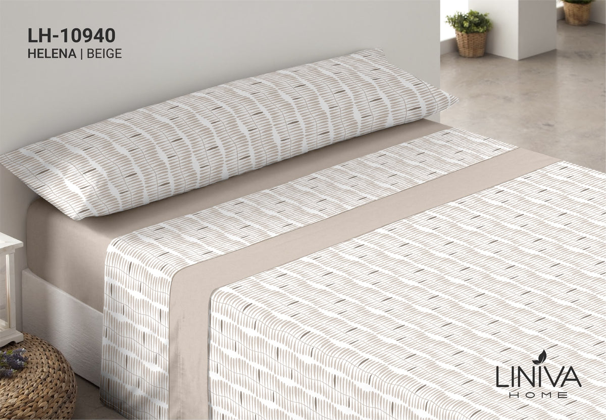 Juego de Sábanas Coralina Estampada color beige Modelo Helena Liniva Home 180 gr
