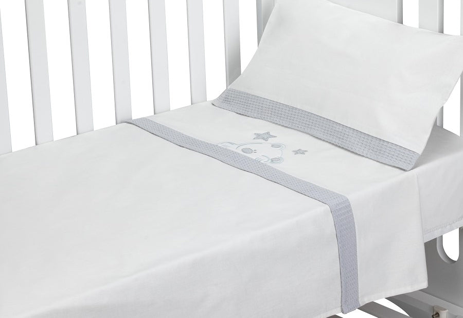 DON ALGODON Sábana Bordada+Aplique+Peines Viggo Blanco/Gris Cuna