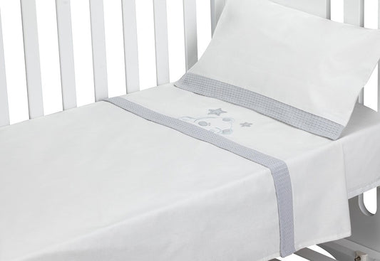 DON ALGODON Sábana Bordada+Aplique+Peines Viggo Blanco/Gris Cuna