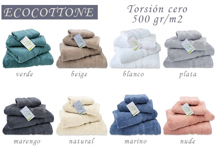 Toalla Baño Lisa ECOCOTTONE Algodón Puro 500gr Torsión Cero
