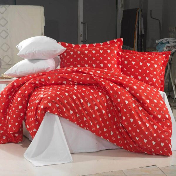 Duvet Cover White Hearts on Red Background 4 Pieces 100% Cotton